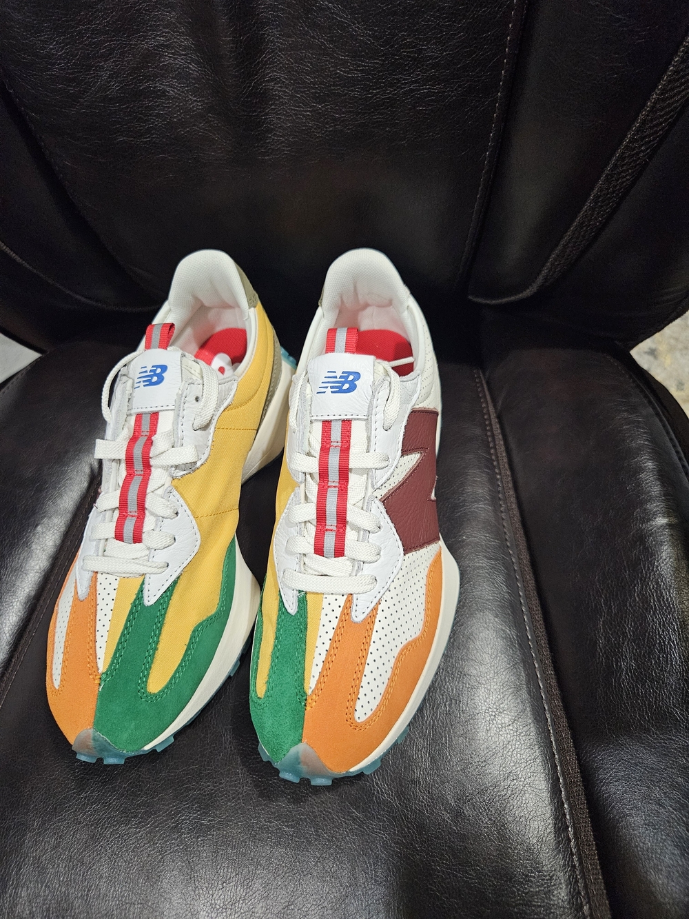 New Balance Men's White Sneakers with Green, Yellow, Orange & Red Accents